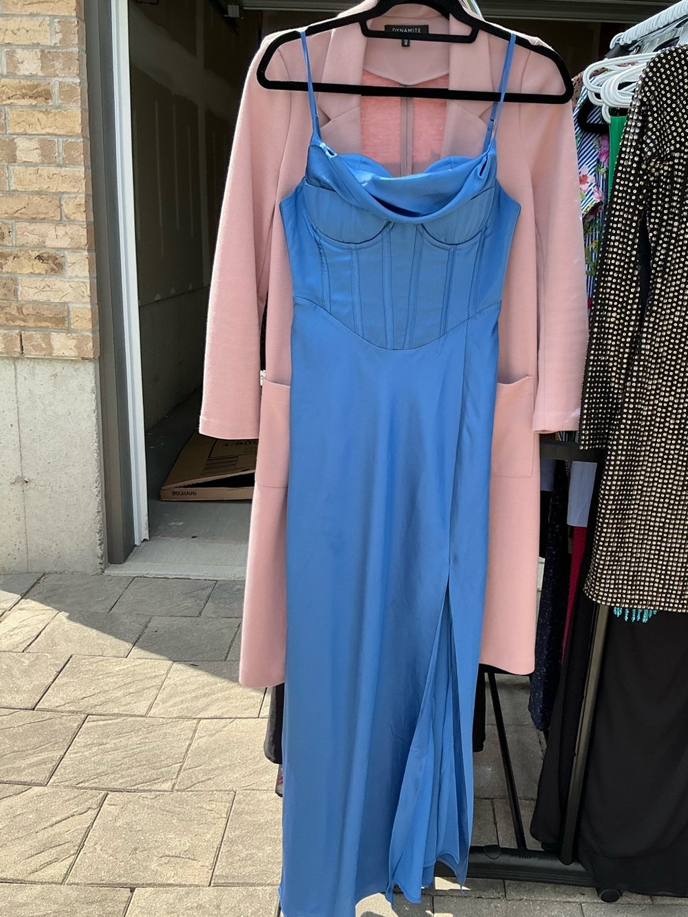 Astr Blue Satin Slip Maxi Dress with Corset Bodice